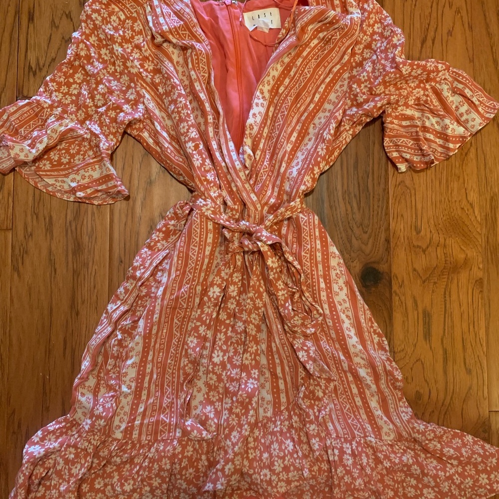 Pink and white wrap dress